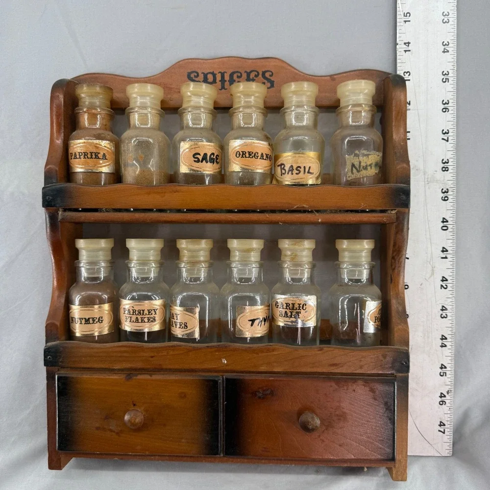 Vintage Wooden Spice Rack 12 Glass Apothecary Jars 2 Drawers Wall Mount Brown